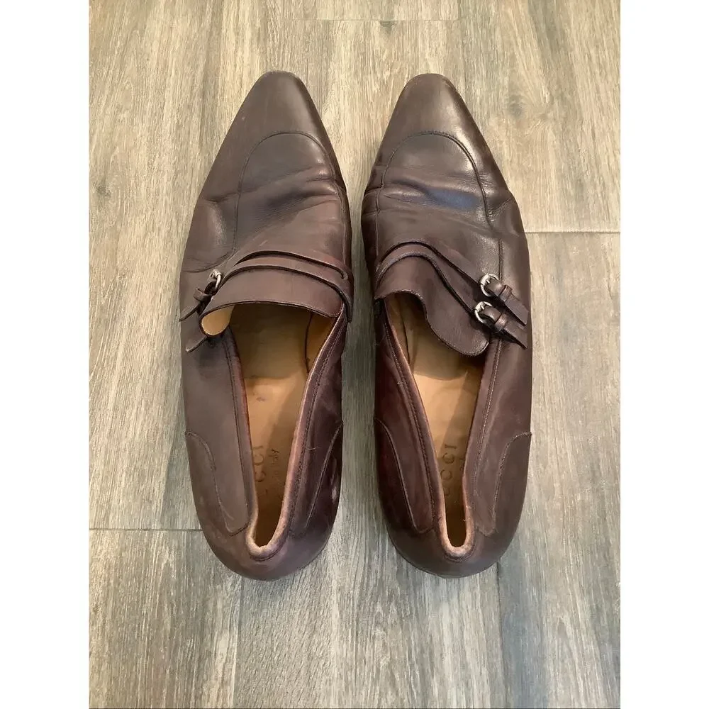 GUCCI Men's 12D Brown Leather Double Strap Slip On Loafers Shoes Italian V5-15